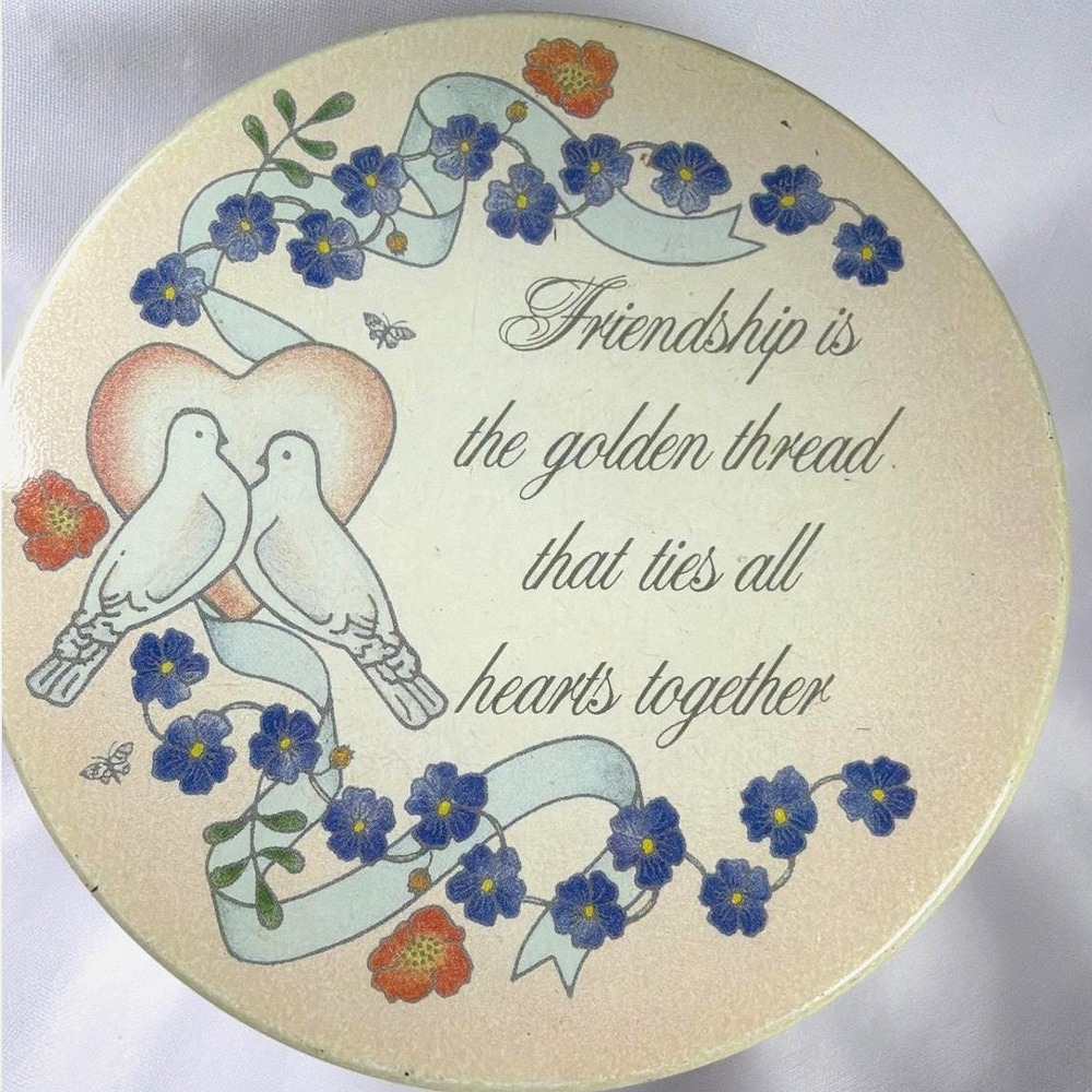 Friendship Doves Round Metal Keepsake Tin Pink Floral Vintage Style 6" So Cute!!